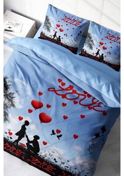 Çift Kişilik Sık Dokuma Pamuk Saten 3D Özel Tasarım Love Balloon Nevresim Takımı