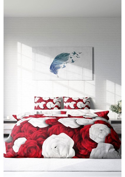 Çift Kişilik Sık Dokuma Pamuk Saten 3D Özel Tasarım White & Red Nevresim Takımı