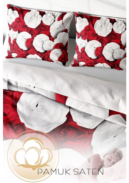 Çift Kişilik Sık Dokuma Pamuk Saten 3D Özel Tasarım White & Red Nevresim Takımı
