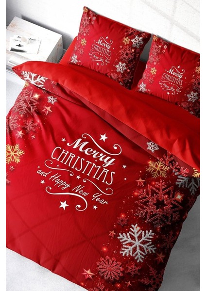 Yılbaşı Çift Kişilik Nevresim Lastikli Çarşaflı Pamuk Saten Noel Love Nevresim Takımı