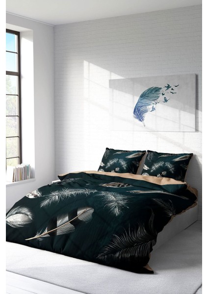 Doğal Pamuk Çift Kişilik 3D Digital Black Feather Nevresim Takımı fiyatları