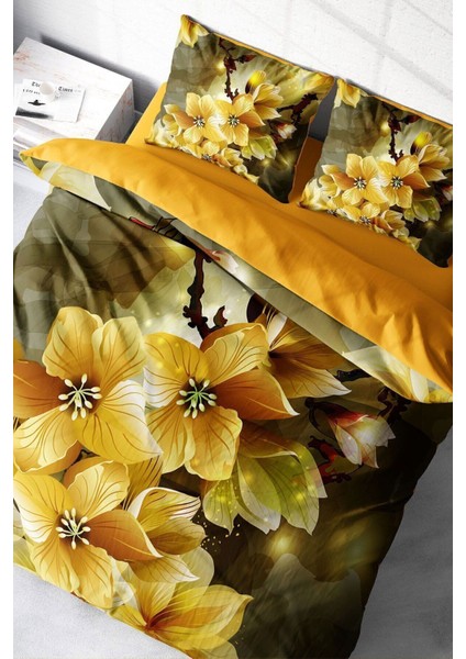 Lastikli Çarşaflı Pamuk Saten Çift Kişilik Yellow Flowers Nevresim Takımı
