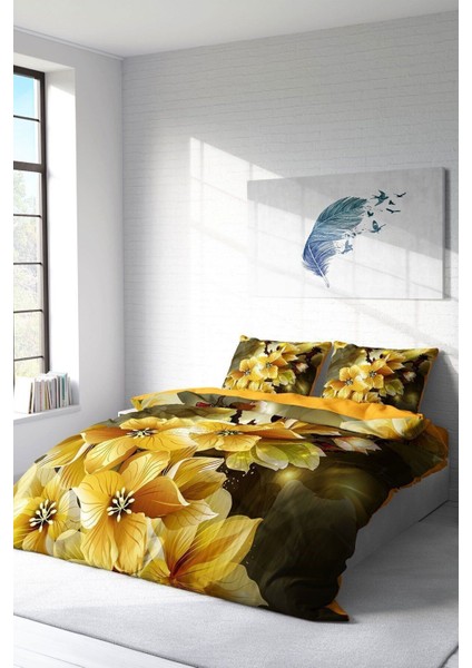 Lastikli Çarşaflı Pamuk Saten Çift Kişilik Yellow Flowers Nevresim Takımı fiyatları