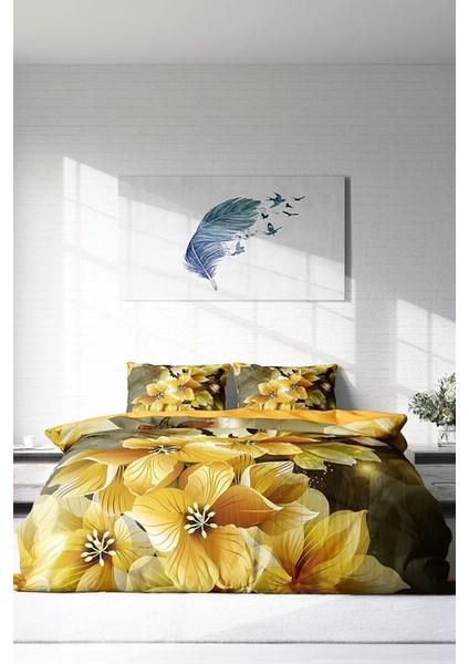 Lastikli Çarşaflı Pamuk Saten Çift Kişilik Yellow Flowers Nevresim Takımı modelleri