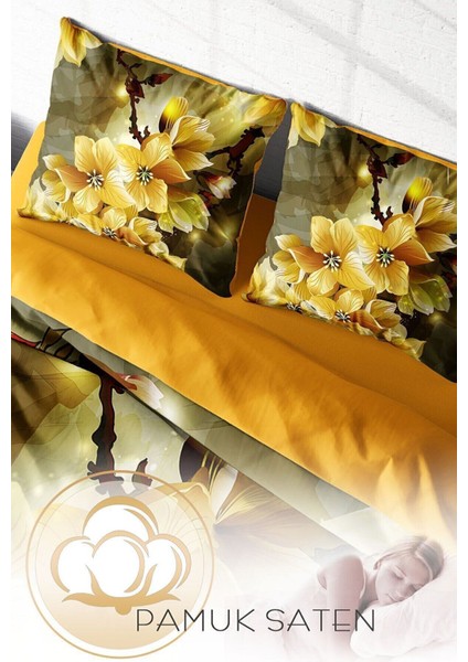 Lastikli Çarşaflı Pamuk Saten Çift Kişilik Yellow Flowers Nevresim Takımı fırsatları