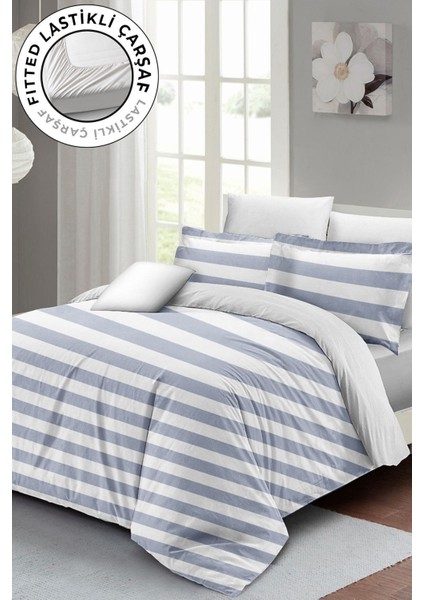 Lastikli Çarşaflı Pamuk Saten Çift Kişilik Soft Strip Luxury Nevresim Takımı