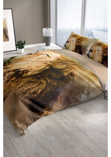 Lion 3D Pamuk Saten Çift Kişilik Nevresim Takımı