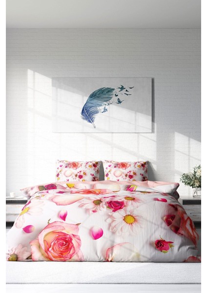 Çift Kişilik Lastikli Çarşaflı Pamuk Saten White Rose Nevresim Takımı