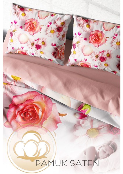 Çift Kişilik Lastikli Çarşaflı Pamuk Saten White Rose Nevresim Takımı fırsatları
