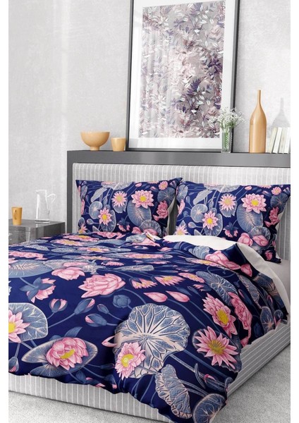 Pamuk Saten Lastikli Çarşaf Deluxe Çift Kişilik 3D Purple Nevresim Takımı