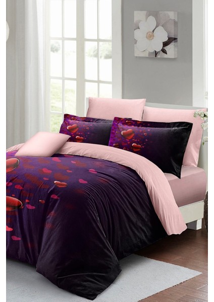 Çift Kişilik Lastikli Çarşaflı Sevgililer Günü % 100 Pamuk Saten Purple Love Nevresim Takımı