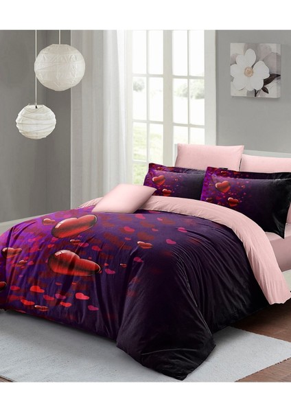 Çift Kişilik Lastikli Çarşaflı Sevgililer Günü % 100 Pamuk Saten Purple Love Nevresim Takımı fiyatları