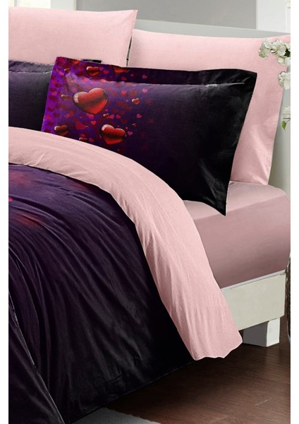 Çift Kişilik Lastikli Çarşaflı Sevgililer Günü % 100 Pamuk Saten Purple Love Nevresim Takımı fırsatları