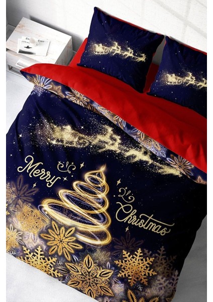 Yılbaşı (Lastikli Çarşaflı) Çift Kişilik Pamuk Saten Gold Noel Nevresim Takımı modelleri