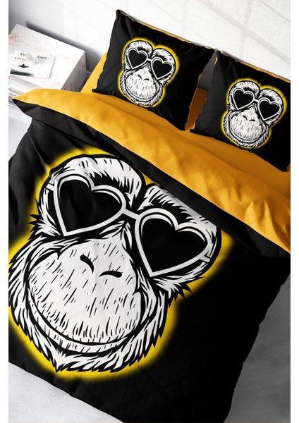 Doğal Pamuk Çift Kişilik 3D Digital Monkey Nevresim Takımı
