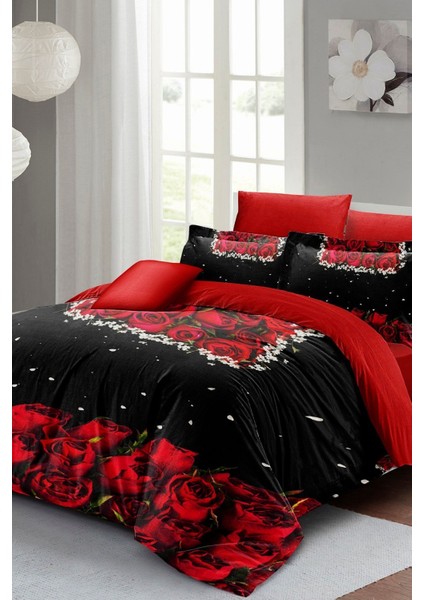 Çift Kişilik Sık Dokuma Pamuk Saten 3D Özel Tasarım Black Rose Nevresim Takımı