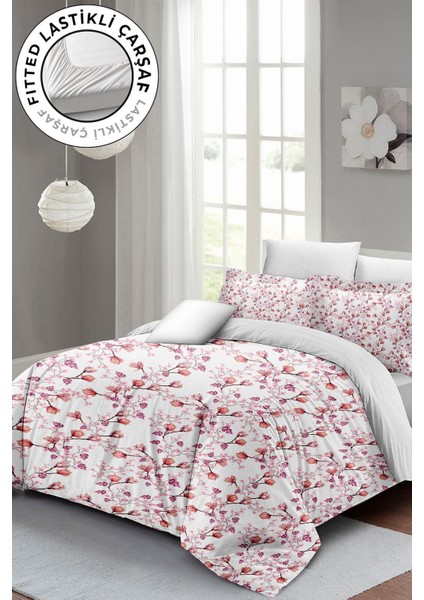 Lastikli Çarşaflı Pamuk Saten Çift Kişilik Cherry Blossom Luxury Nevresim Takımı