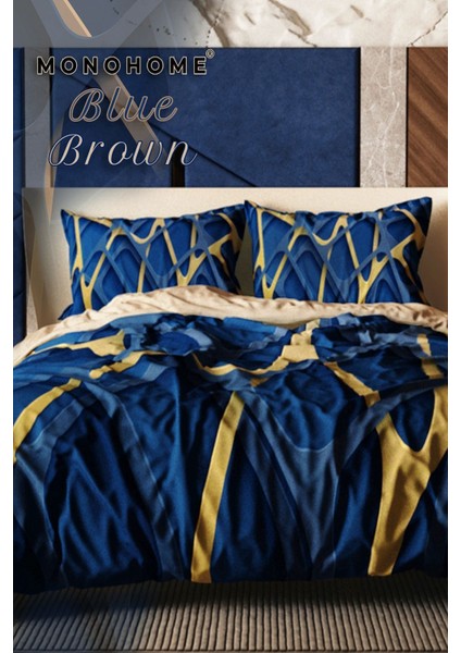 Lastikli Çarşaflı Pamuk Saten Çift Kişilik Blue Brown Nevresim Takımı fiyatları