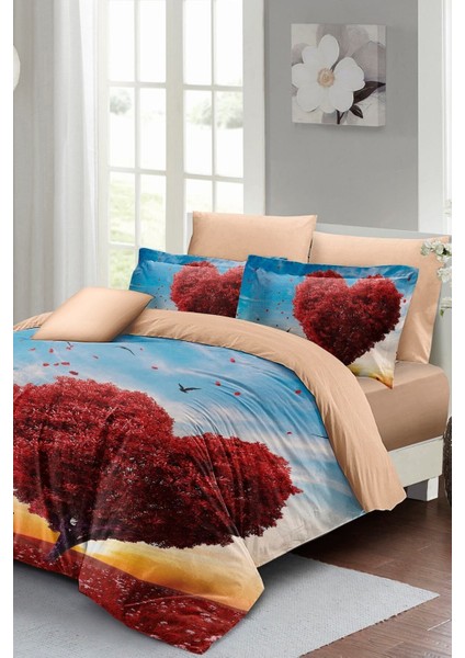 Çift Kişilik Lastikli Çarşaflı Sevgililer Günü % 100 Pamuk Saten Love Tree Nevresim Takımı