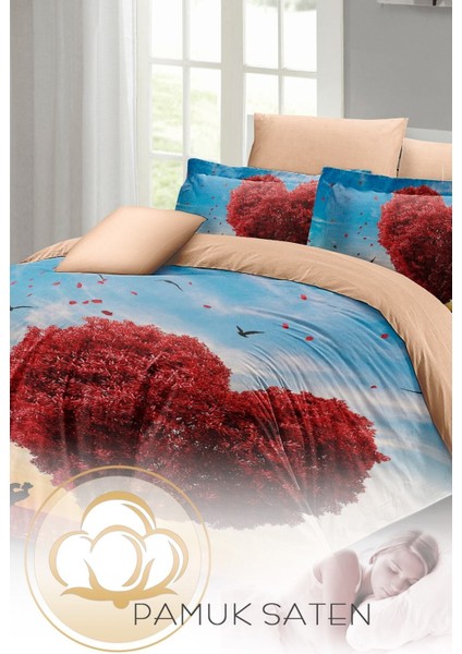 Çift Kişilik Lastikli Çarşaflı Sevgililer Günü % 100 Pamuk Saten Love Tree Nevresim Takımı modelleri