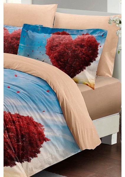 Çift Kişilik Lastikli Çarşaflı Sevgililer Günü % 100 Pamuk Saten Love Tree Nevresim Takımı fırsatları