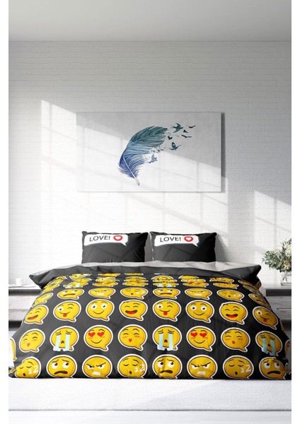 Lastikli Çarşaflı Pamuk Saten Çift Kişilik I Love Emoji Nevresim Takımı modelleri