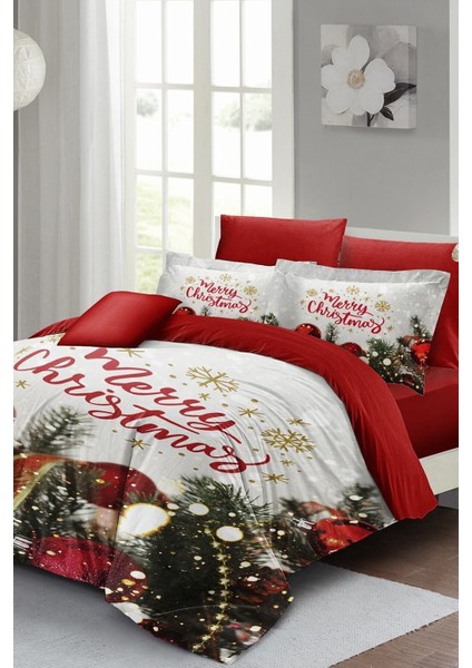 Yılbaşı (Lastikli Çarşaflı) Çift Kişilik Pamuk Saten Merry Christmas Nevresim Takımı