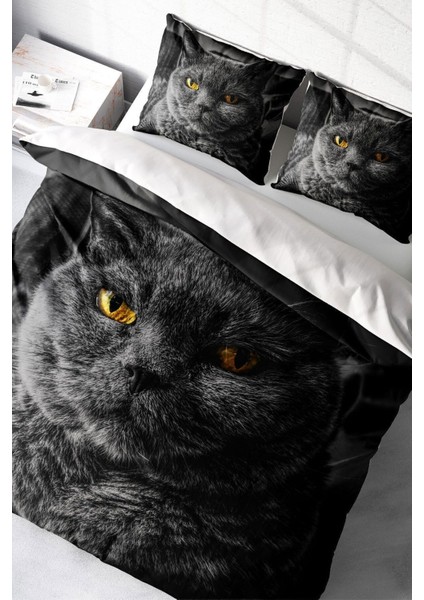 Çift Kişilik Lastikli Çarşaflı Pamuk Saten Serious Cat Nevresim Takımı modelleri