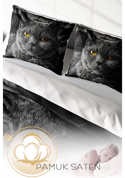 Çift Kişilik Lastikli Çarşaflı Pamuk Saten Serious Cat Nevresim Takımı fırsatları