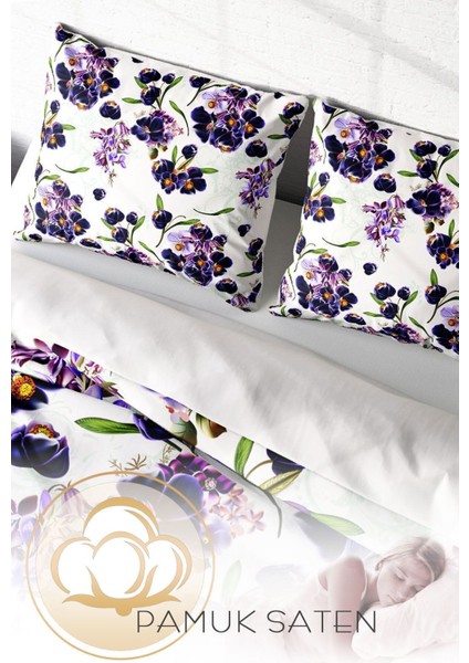Çift Kişilik Lastikli Çarşaflı Pamuk Saten Purple Flowers Nevresim Takımı fırsatları