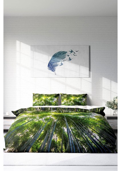 Çift Kişilik Sık Dokuma Pamuk Saten 3D Özel Tasarım Forest 1 Naturel Nevresim Takımı modelleri