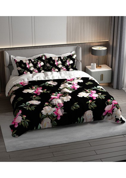Lastikli Çarşaflı Pamuk Saten Çift Kişilik Black Flower Nevresim Takımı
