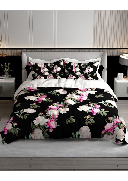 Lastikli Çarşaflı Pamuk Saten Çift Kişilik Black Flower Nevresim Takımı fiyatları