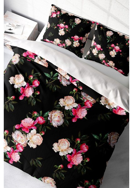 Lastikli Çarşaflı Pamuk Saten Çift Kişilik Black Flower Nevresim Takımı modelleri
