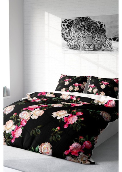 Lastikli Çarşaflı Pamuk Saten Çift Kişilik Black Flower Nevresim Takımı fırsatları