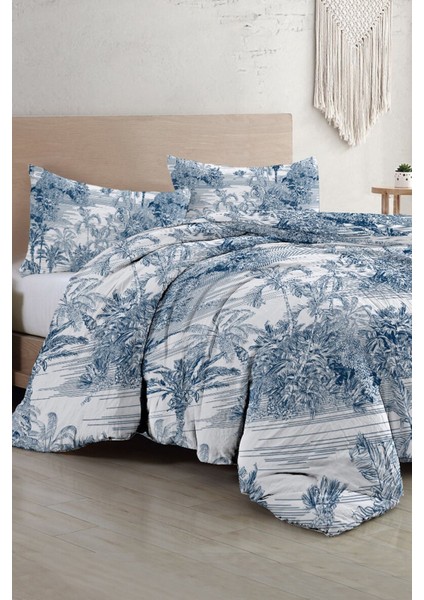 Çift Kişilik Özel Dokuma Pamuk Saten Tuval Koleksiyonu Tropical Island Indigo Nevresim Takımı