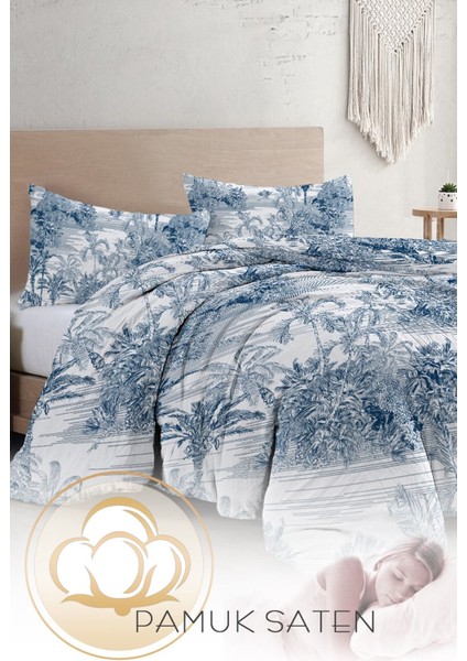 Çift Kişilik Özel Dokuma Pamuk Saten Tuval Koleksiyonu Tropical Island Indigo Nevresim Takımı fırsatları