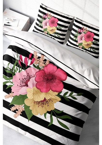 Doğal Pamuk Çift Kişilik 3D Digital Flower Line Nevresim Takımı