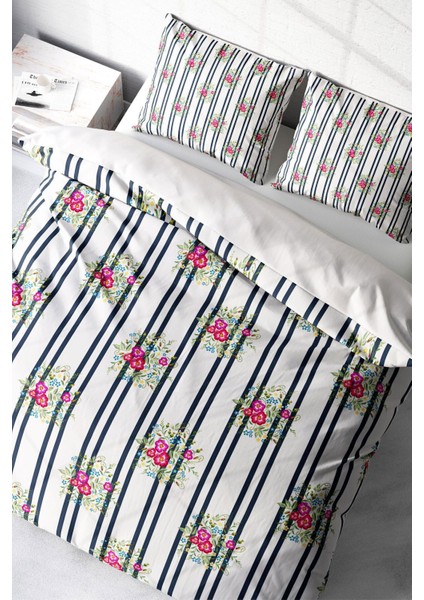 Lastikli Çarşaflı Pamuk Saten Çift Kişilik Ribbon Flowers Nevresim Takımı