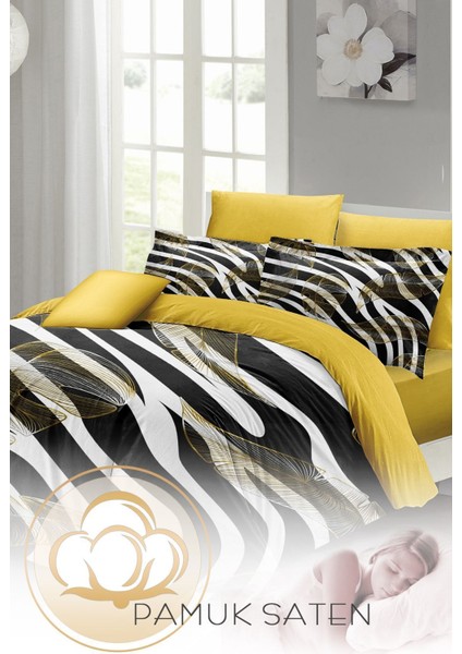 Çift Kişilik Lastikli Çarşaflı Pamuk Saten Zebra Feather Nevresim Takımı fırsatları