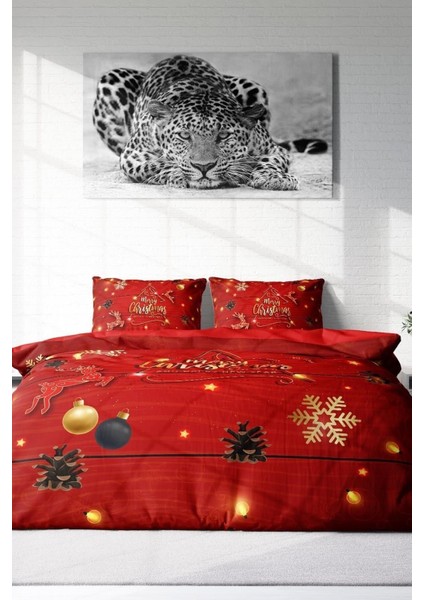 Yılbaşı Çift Kişilik Nevresim Lastikli Çarşaflı Pamuk Saten Pine Deers Nevresim Takımı