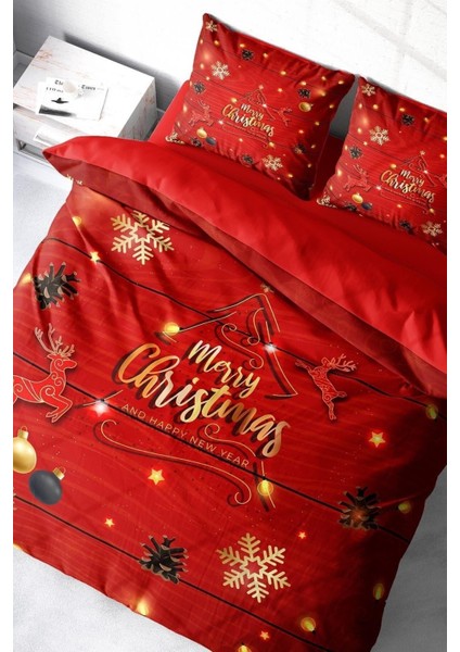 Yılbaşı Çift Kişilik Nevresim Lastikli Çarşaflı Pamuk Saten Pine Deers Nevresim Takımı modelleri