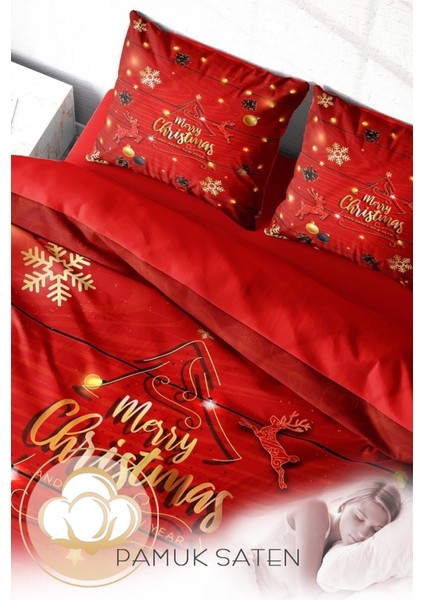 Yılbaşı Çift Kişilik Nevresim Lastikli Çarşaflı Pamuk Saten Pine Deers Nevresim Takımı fırsatları