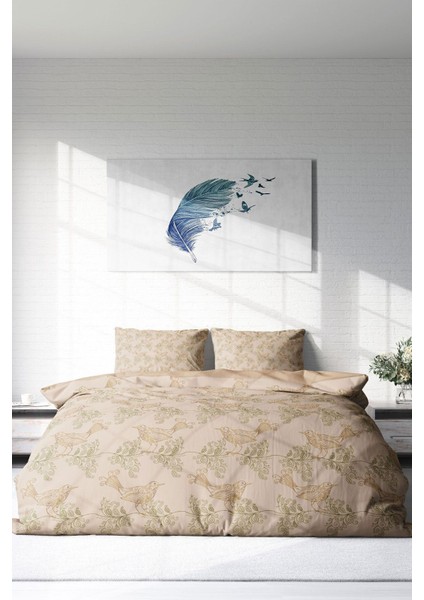 Çift Kişilik Lastikli Çarşaflı Pamuk Saten Bird Desing Nevresim Takımı