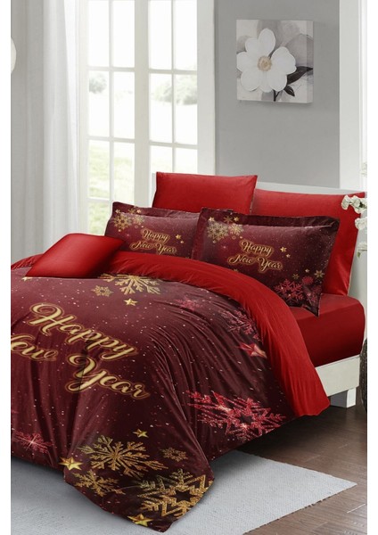 Yılbaşı Çift Kişilik Nevresim Lastikli Çarşaflı Pamuk Saten Kar Kristalleri Nevresim Takımı modelleri