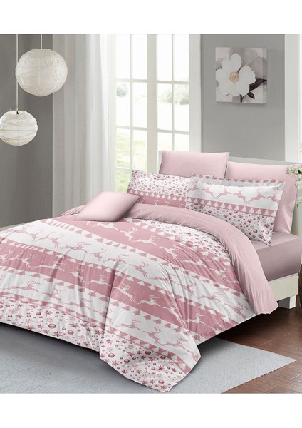 Yılbaşı (Lastikli Çarşaflı) Çift Kişilik Pamuk Saten Powder Deers Nevresim Takımı