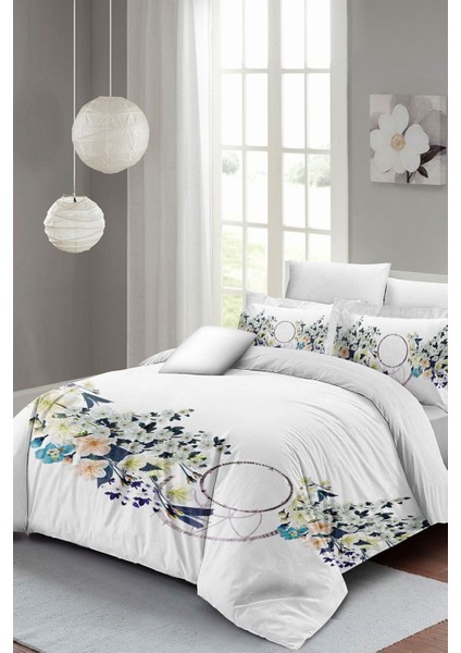 Çift Kişilik Sık Dokuma Pamuk Saten 3D Özel Tasarım Beyaz Çiçekli Nevresim Takımı