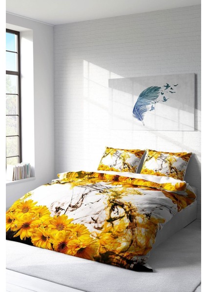 Doğal Pamuk Çift Kişilik 3D Digital Yellow Daisy Nevresim Takımı fiyatları
