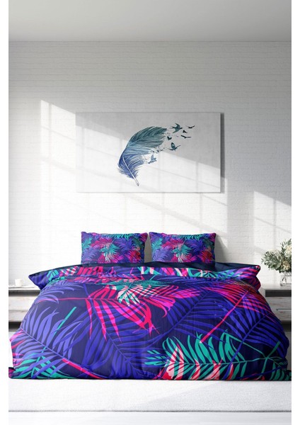 Çift Kişilik Lastikli Çarşaflı Pamuk Saten Palm Color Nevresim Takımı