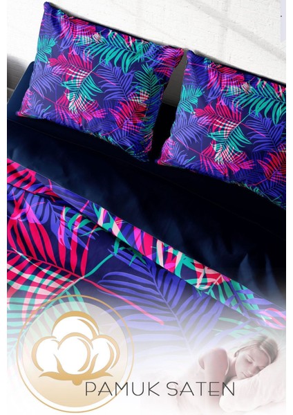 Çift Kişilik Lastikli Çarşaflı Pamuk Saten Palm Color Nevresim Takımı fırsatları